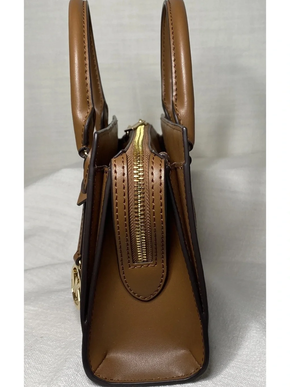 Michael Kors Tan and Brown Logo Stripe Satchel